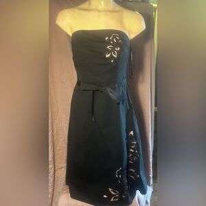 Y2K Express Black Strapless Dress with Pink Floral Design